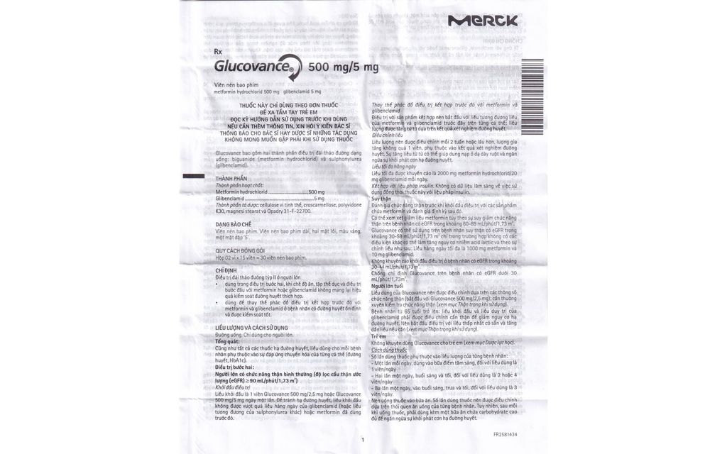 Thuốc Glucovance 500mg/5mg Merck điều trị tiểu đường tuýp 2 (2 vỉ x 15 viên)
