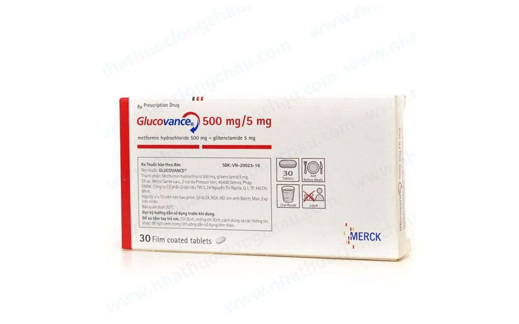 Thuốc Glucovance 500mg/5mg Merck điều trị tiểu đường tuýp 2 (2 vỉ x 15 viên)