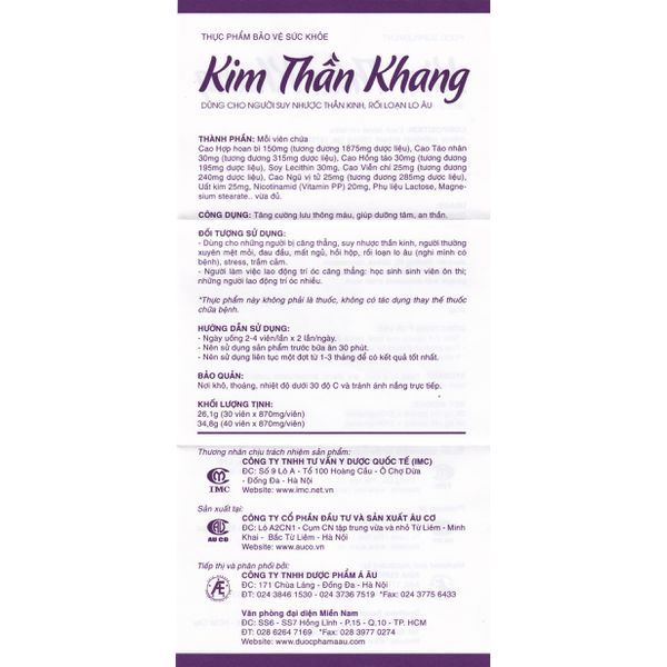 Viên uống Kim Thần Khang Á Âu tăng cường lưu thông máu, giúp dưỡng tâm, an thần (3 vỉ x 10 viên)