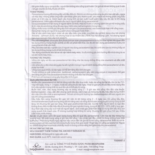 Thuốc Mexcold 500mg Imexpharm giúp giảm đau, hạ sốt (100 viên)