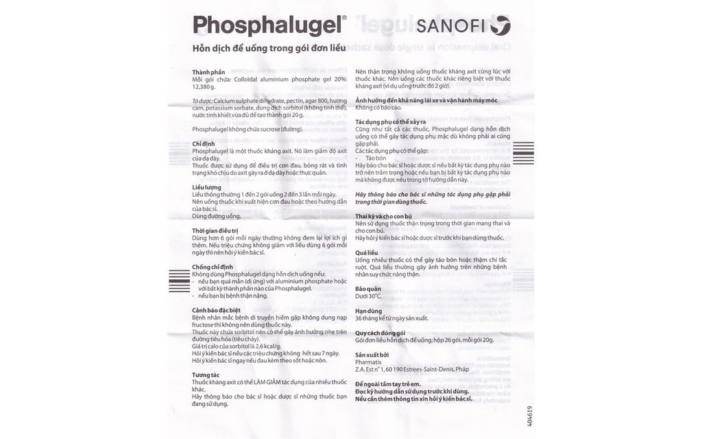 Thuốc Phosphalugel Sanofi điều trị đau, giảm axit dạ dày (26 gói x 20g)