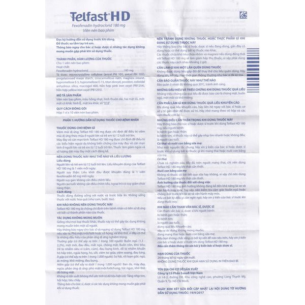 Thuốc Telfast HD 180mg Sanofi điều trị viêm mũi dị ứng (1 vỉ x 10 viên)
