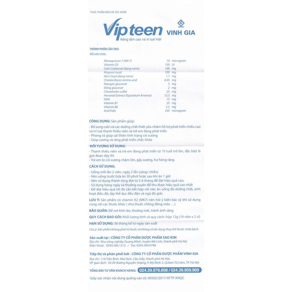 Vipteen (2*10 viên) - Hỗ trợ tăng chiều cao cho trẻ