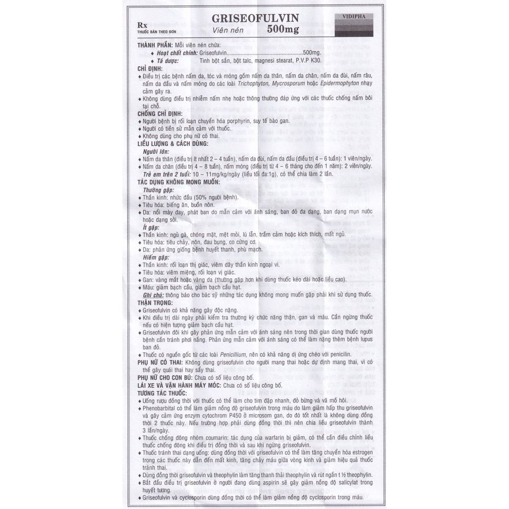 Griseofulvin 500 (2*10) - điều trị nhiễm trùng nấm da, tóc
