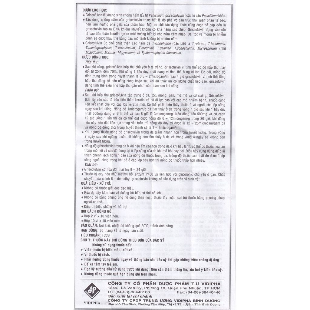 Griseofulvin 500 (2*10) - điều trị nhiễm trùng nấm da, tóc
