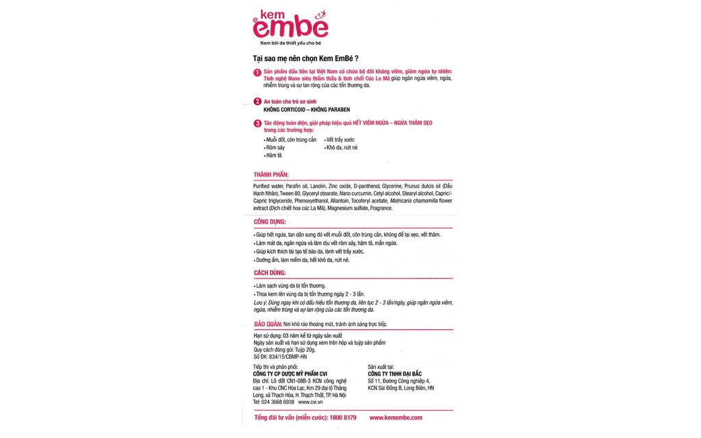 Kem Em Bé làm dịu mẩn ngứa, rôm sẩy, côn trùng đốt, ngăn ngừa thâm sẹo (20g)