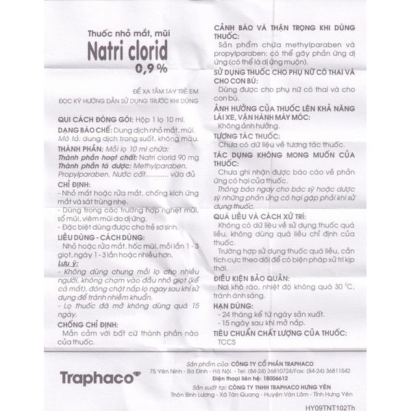 Thuốc nhỏ mắt, mũi Natri Clorid 0.9% Traphaco