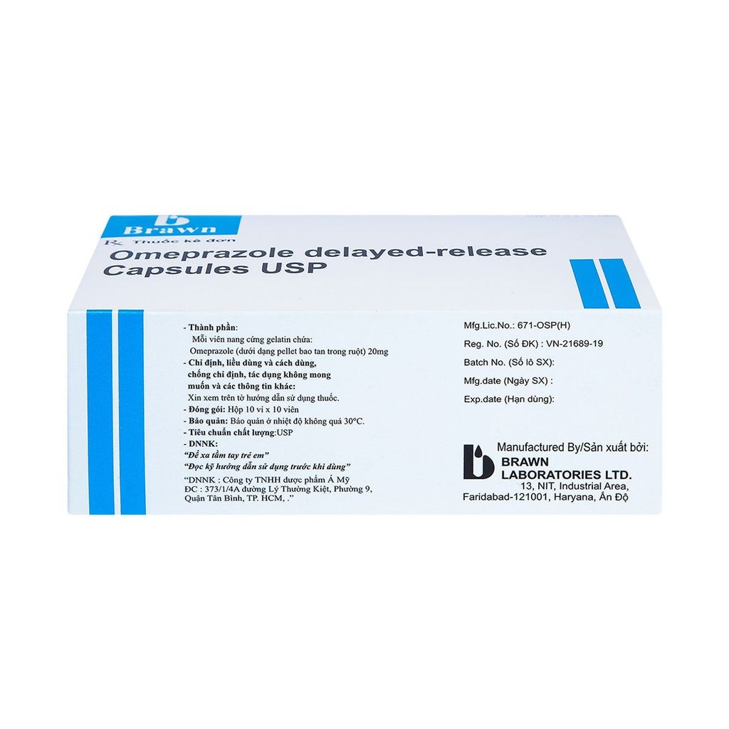Thuốc Omeprazole Delayed Release Brawn điều trị loét dạ dày tá tràng (100 viên)