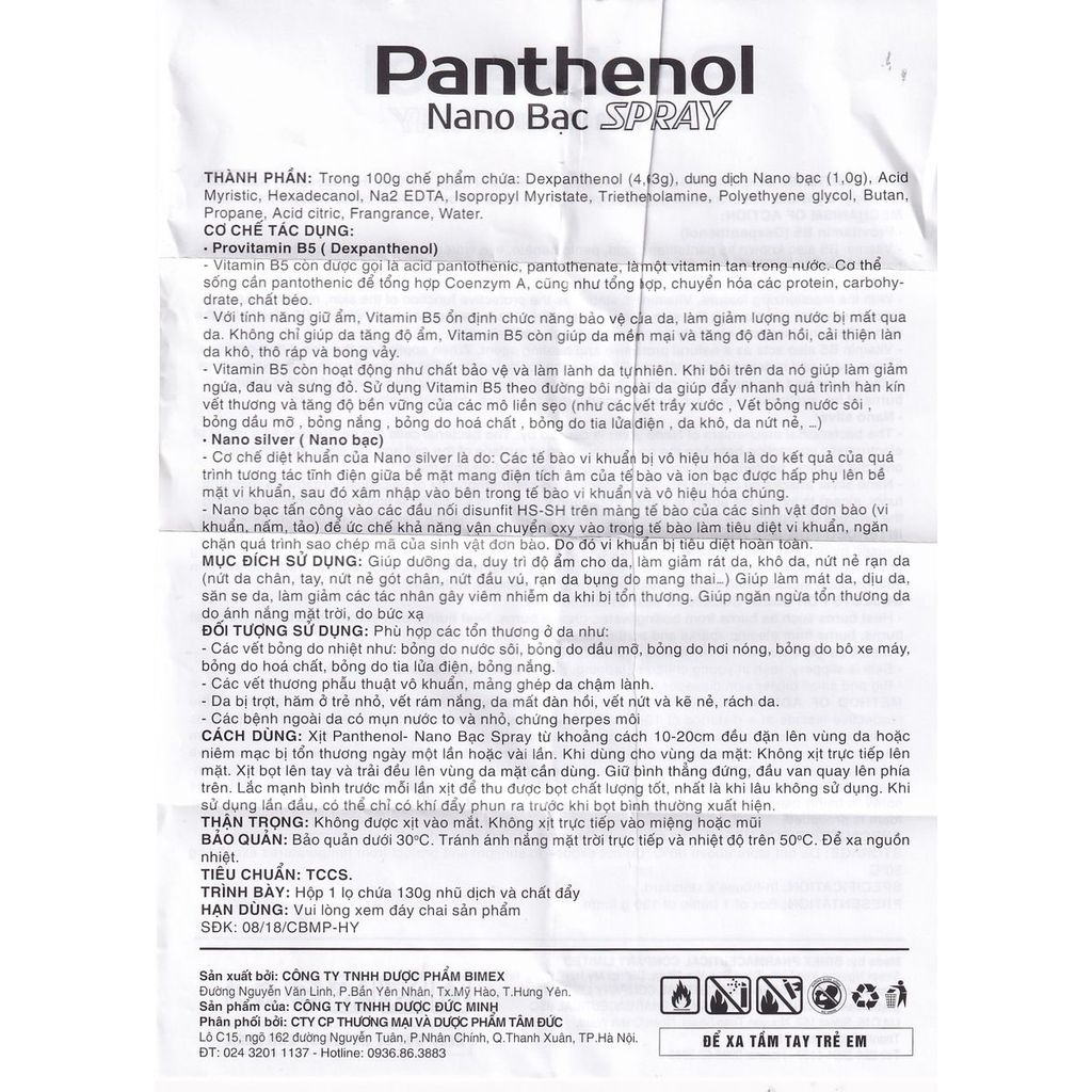 Panthenol Nano Bạc Spray Bimex làm mát da, dịu da, săn se da (130g)