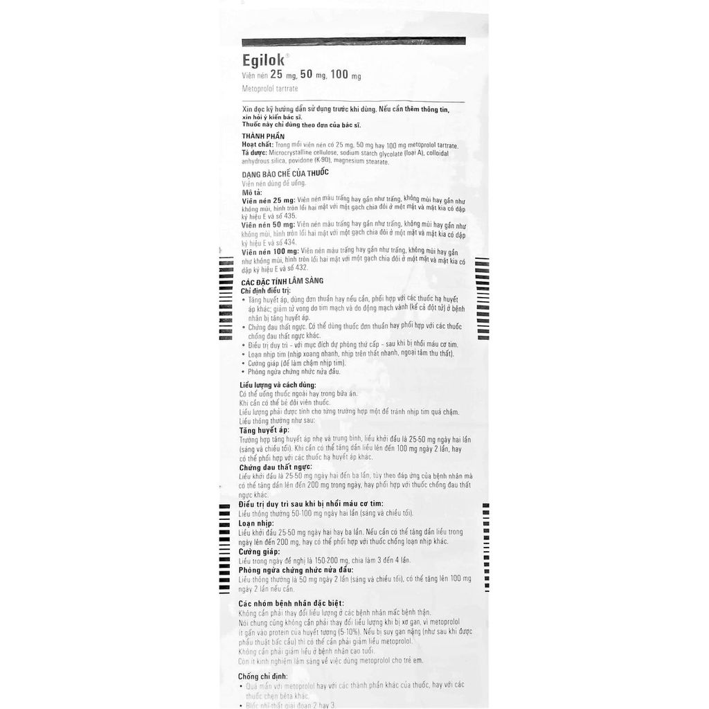 Thuốc Egilok 25mg Egis Pharma điều trị tăng huyết áp, đau thắt ngực (60 viên)
