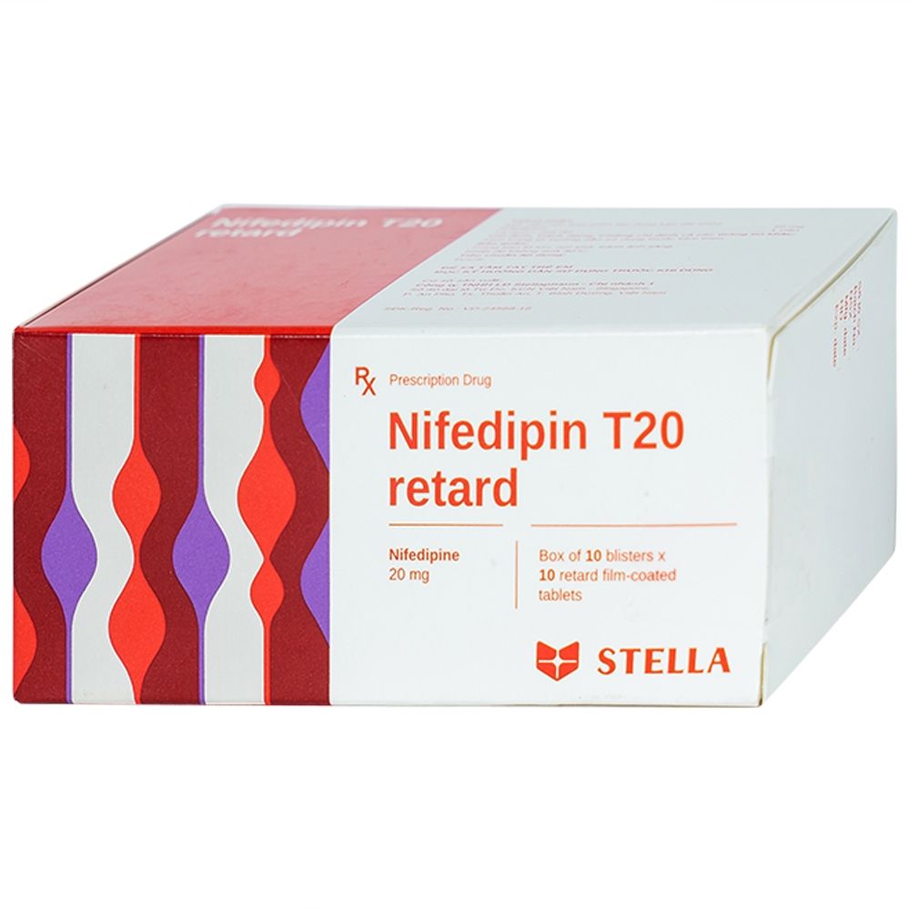Viên nén Nifedipin T20 retard Stella dự phòng đau thắt ngực, điều trị tăng huyết áp (10 vỉ x 10 viên)