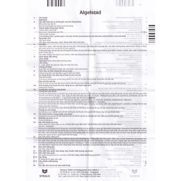 Thuốc Algelstad 12.38g Stella hỗ trợ điều trị viêm thực quản, dạ dày (20 gói x 20g)