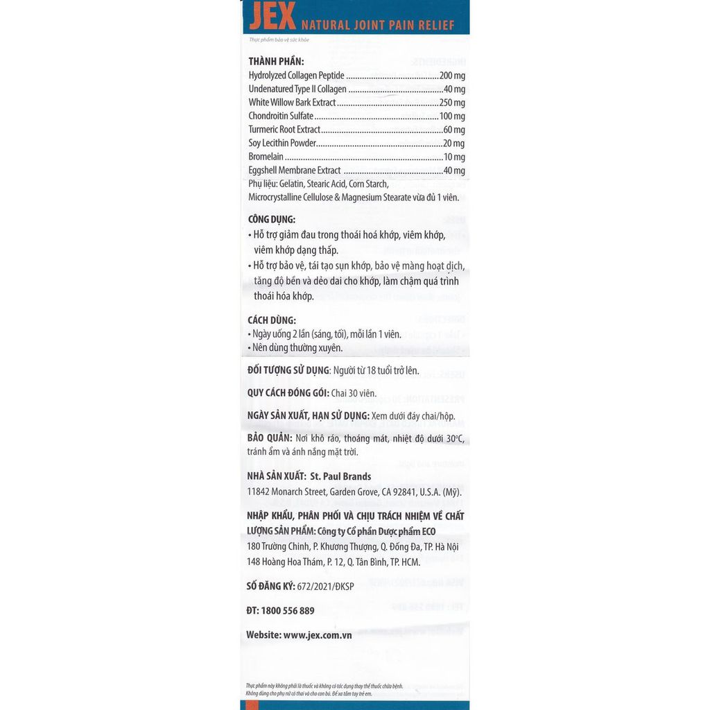 Viên uống Jex Natural Ecogreen hỗ trợ bảo vệ, tái tạo khớp (30 viên)
