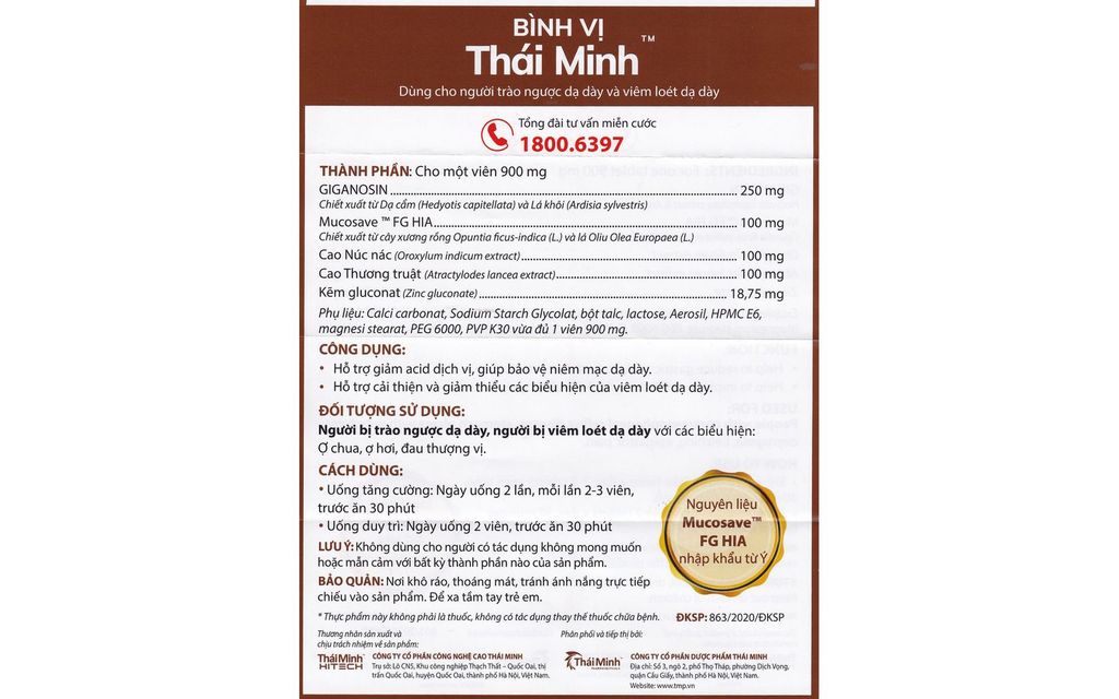 Viên Uống Bình Vị Thái Minh Hỗ Trợ Trào Ngược, Viêm Loét Dạ Dày 20 Viên