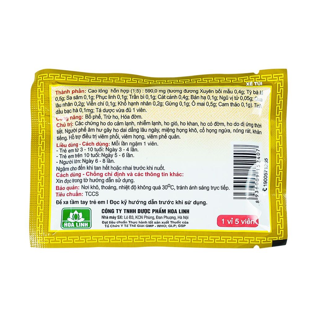 Viên ngậm Bảo Thanh Hoa Linh không đường - bổ phế, trừ ho, hóa đờm (20 vỉ x 5 viên)