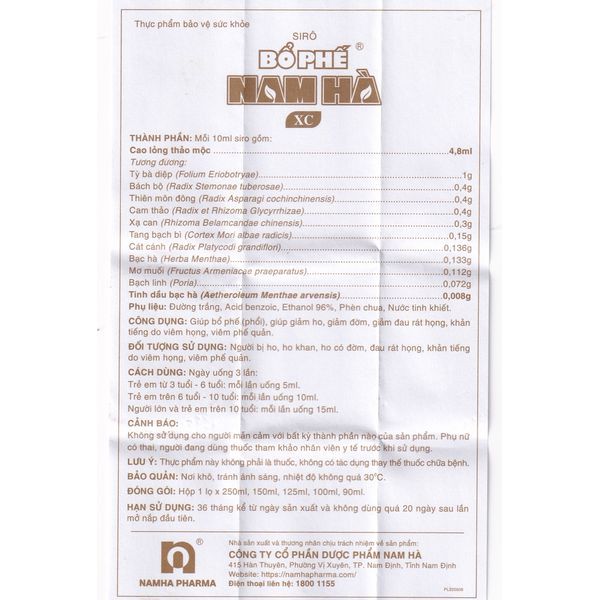 Siro Bổ Phế Nam Hà XC giúp giảm ho, giảm đờm (125ml)
