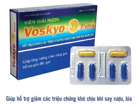 Viên giải rượu VOSKYO-3 Extra hộp 1 vỉ x 6 viên (4 viên màu xanh + 2 viên màu vàng)