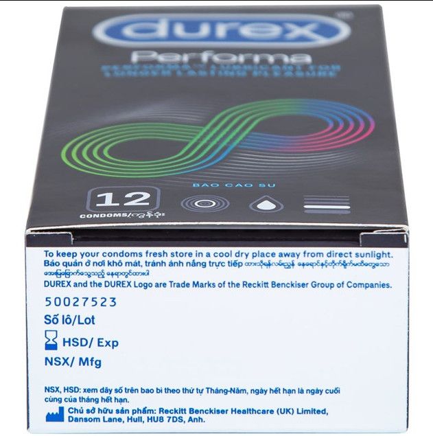 Bao cao su Durex Performa có gel bôi trơn, kéo thời điểm cực khoái trong lúc quan hệ (12 cái)
