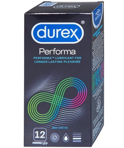 Bao cao su Durex Performa có gel bôi trơn, kéo thời điểm cực khoái trong lúc quan hệ (12 cái)