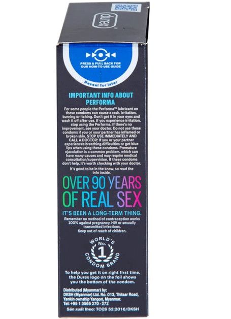 Bao cao su Durex Performa có gel bôi trơn, kéo thời điểm cực khoái trong lúc quan hệ (12 cái)