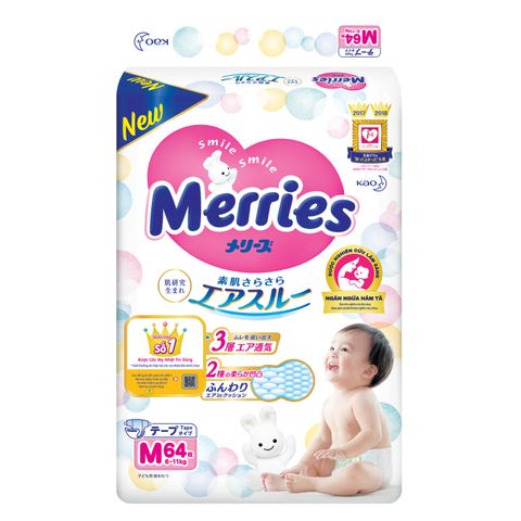 Bỉm - Tã dán Merries size M 64 miếng (cho bé 6-11kg)