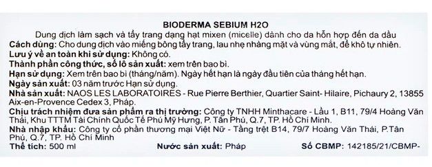 Dung dịch Bioderma Sebium H2O dạng hạt mixen (micelle) dùng tẩy trang dành cho da hỗn hợp, da dầu (500ml)