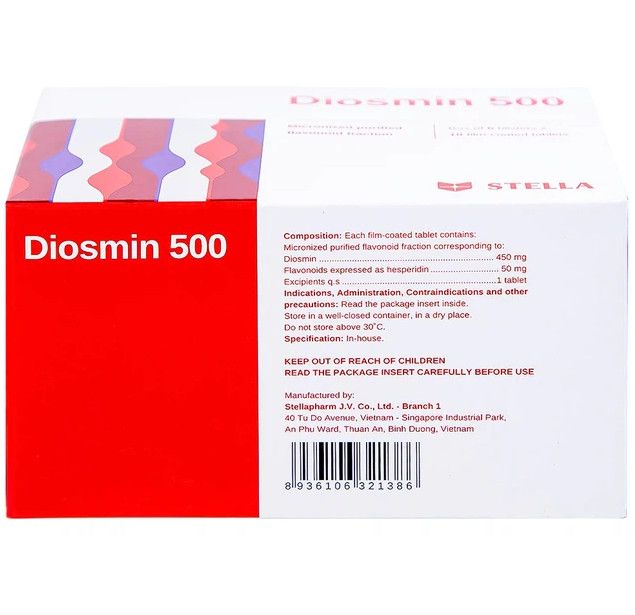 Thuốc Diosmin 500 Stella điều trị suy tĩnh mạch, mạch bạch huyết (6 vỉ x 10 viên)