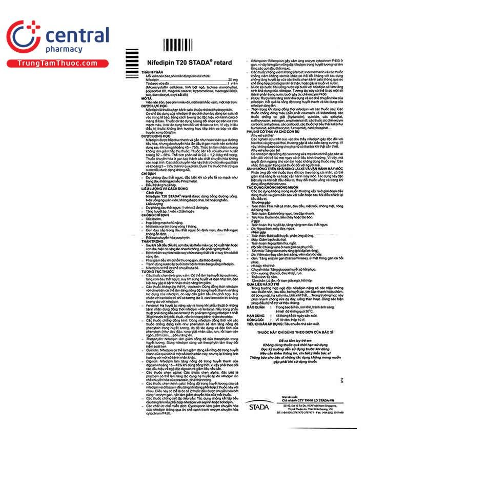 Viên nén Nifedipin T20 retard Stella dự phòng đau thắt ngực, điều trị tăng huyết áp (10 vỉ x 10 viên)