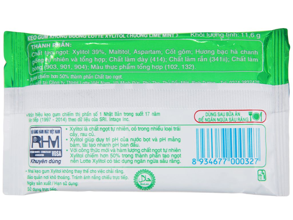 Kẹo Lotte Xylitol hương Lime Mint vỉ  8 viên - Không đường.