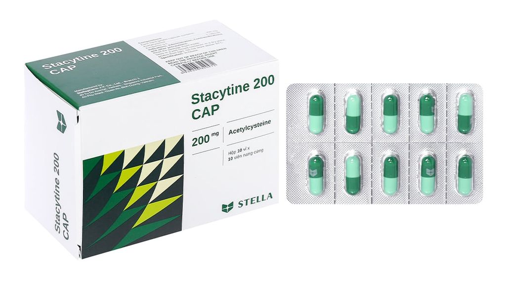 Stacytine- Acetylcystein 200mg Cap tan đàm/ đờm trong bệnh lý hô hấp (10 vỉ x 10 viên)