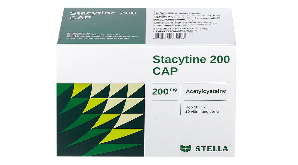 Stacytine- Acetylcystein 200mg Cap tan đàm/ đờm trong bệnh lý hô hấp (10 vỉ x 10 viên)