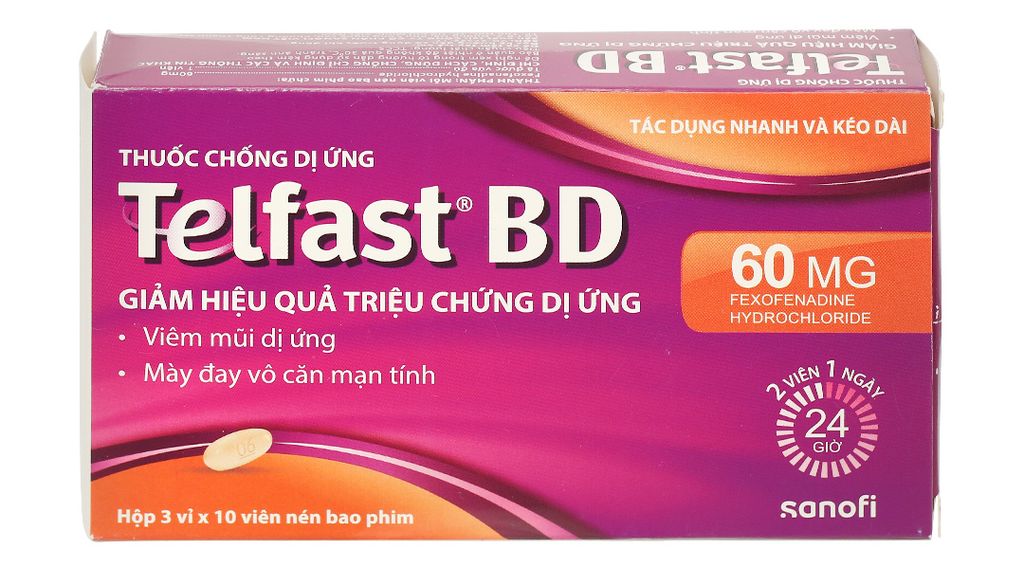 Telfast BD 60mg trị viêm mũi dị ứng, mày đay (3 vỉ x 10 viên)