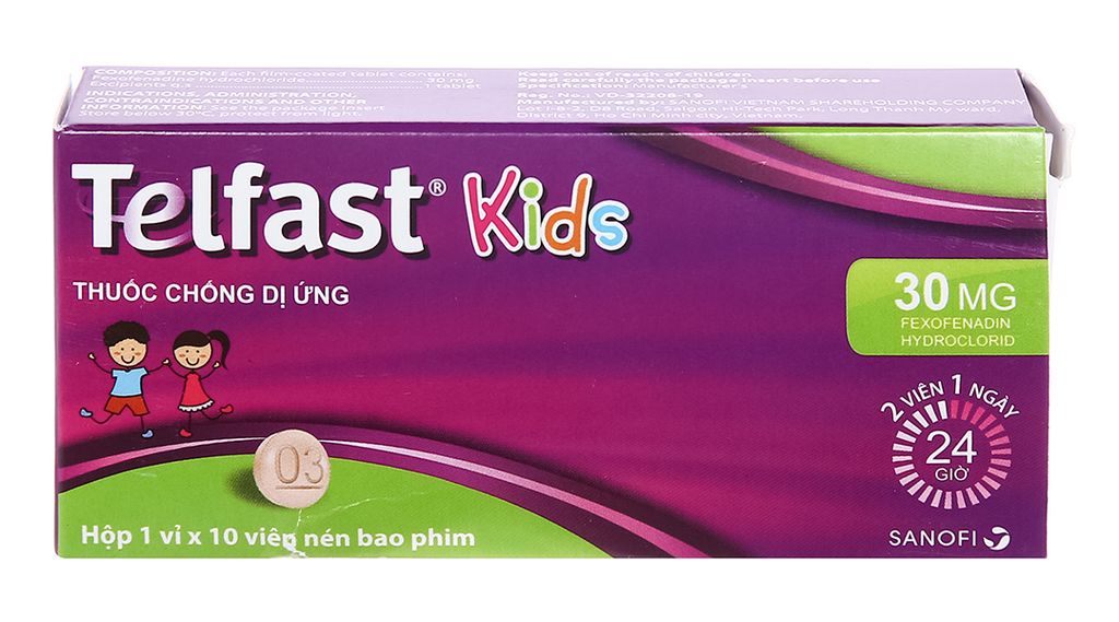 Telfast Kids 30mg trị viêm mũi dị ứng, mày đay cho bé (1 vỉ x 10 viên)