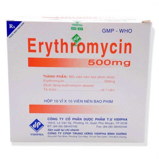 Thuốc kháng sinh Erythromycin 500mg hộp 10 Vỉ x 10 viên- Vidipha