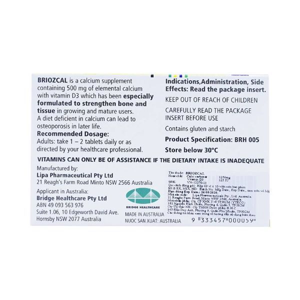 Thuốc Briozcal Bridge Healthcare dự phòng và điều trị thiếu hụt calci, vitamin D3 (30 viên)