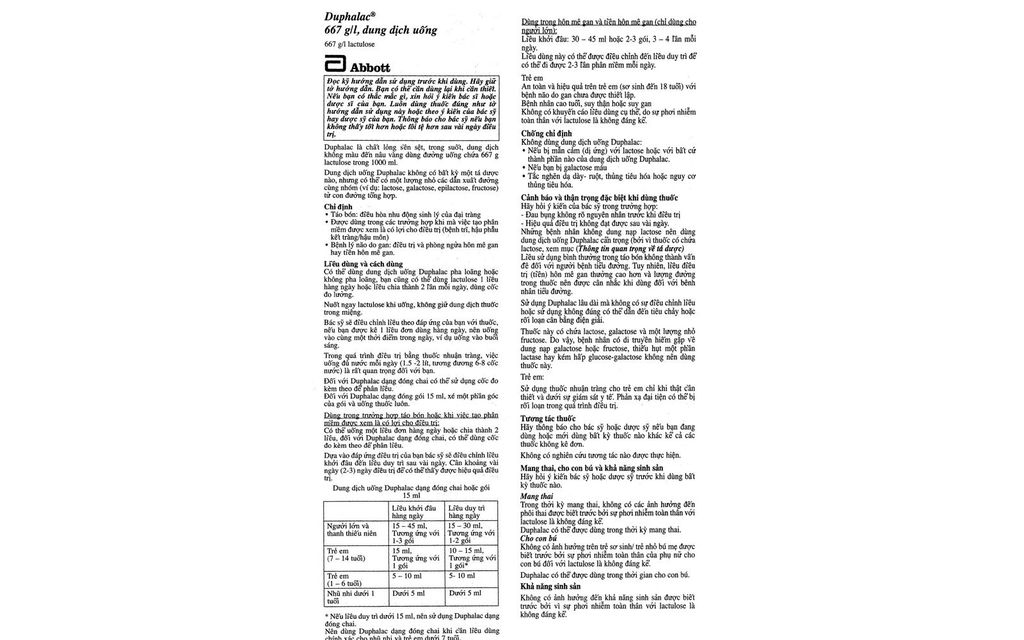 Thuốc Duphalac Abbott điều trị táo bón, bệnh lý não do gan (20 gói x 15ml)