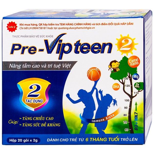 Pre Vipteen 2 - Gia hỗ trợ tăng chiều cao và đề kháng cho trẻ (2g x 20 gói)