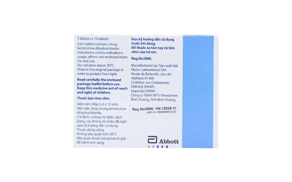 Thuốc Betaserc 24mg Abbott điều trị hội chứng chóng mặt (50 viên)