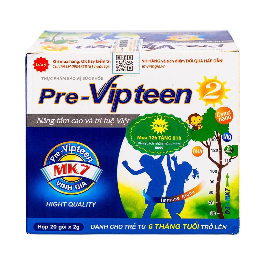 Pre Vipteen 2 - Gia hỗ trợ tăng chiều cao và đề kháng cho trẻ (2g x 20 gói)