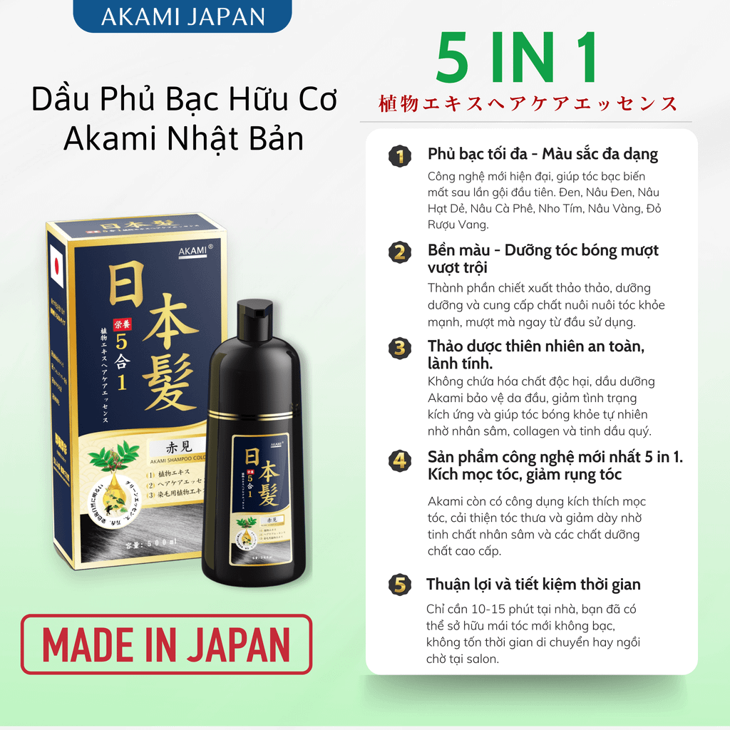 Dầu Gội Phủ Bạc Tóc Hữu Cơ 5 IN 1 Akami Nhật Bản - Phiên Bản Cao Cấp