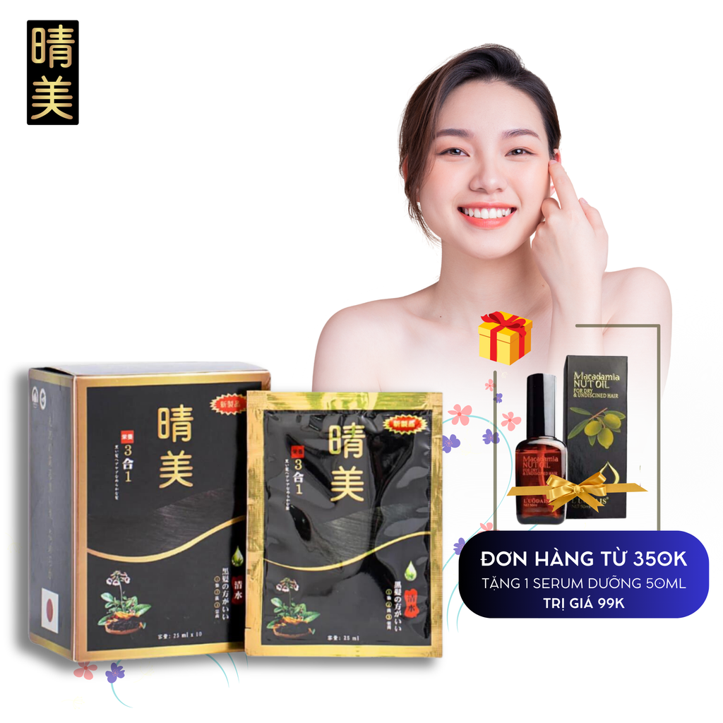 Dầu gội phủ bạc Komi Nhật Bản 1 Hộp x 10 Gói nhuộm tóc thảo dược thành phân thiên nhiên 250ml - Đen tự nhiên