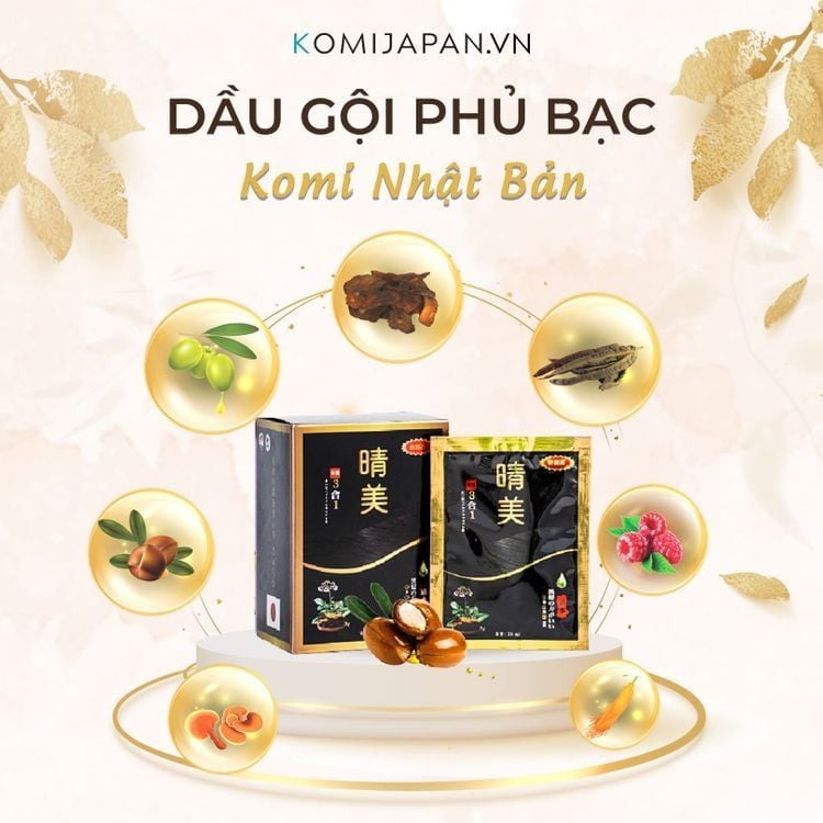 Dầu gội phủ bạc Komi Nhật Bản 1 Hộp x 10 Gói nhuộm tóc thảo dược thành phân thiên nhiên 250ml - Đen tự nhiên
