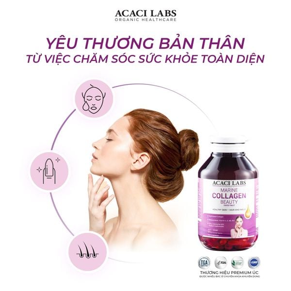 Viên Uống Đẹp Da Marine Collagen Beauty ACACI LABS Hỗ Trợ Da Móng Tóc Khoẻ Mạnh Hộp 90 Viên