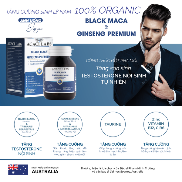 Viên uống Black Maca & Ginseng Premium Acaci Labs Hỗ trợ sinh lý nam Hộp 45 viên