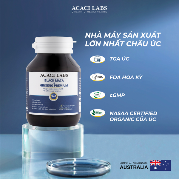 Viên uống Black Maca & Ginseng Premium Acaci Labs Hỗ trợ sinh lý nam Hộp 45 viên