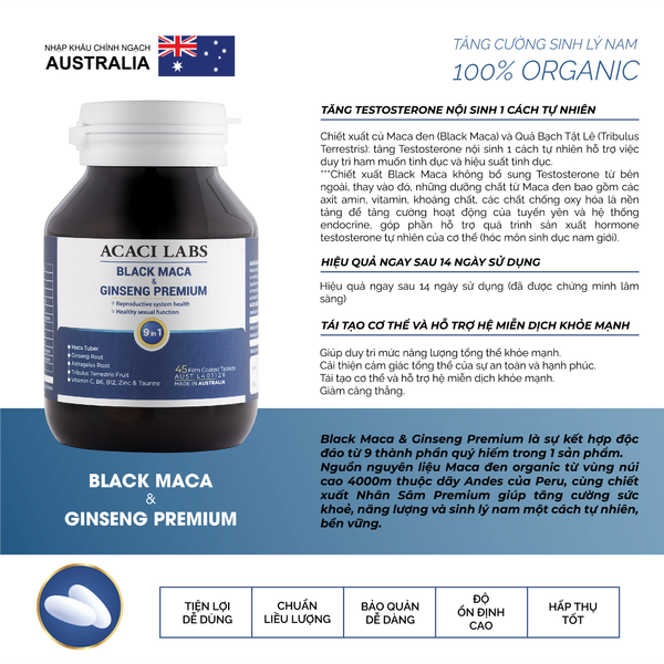 Viên uống Black Maca & Ginseng Premium Acaci Labs Hỗ trợ sinh lý nam Hộp 45 viên
