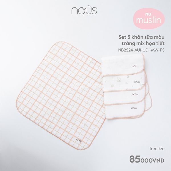 Set 5 khăn sữa trắng họa tiết Nous