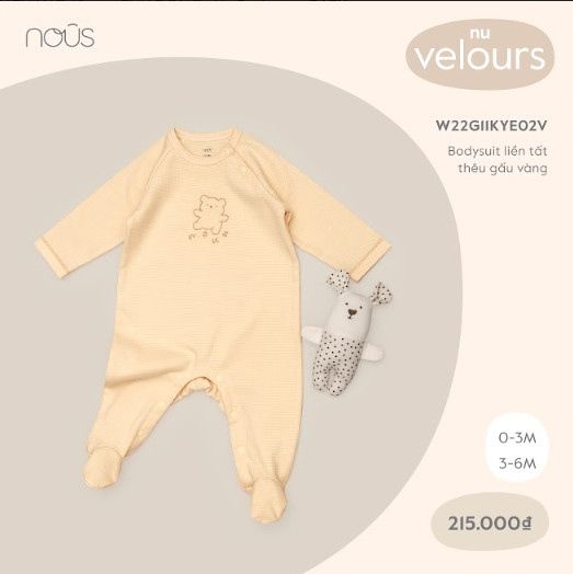 Body sơ sinh Nous liền tất thêu gấu Vàng Size 0M