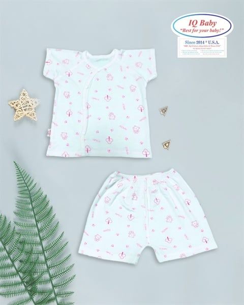 Bộ sơ sinh cài lệch ngắn tay IQ BABY Gấu Hồng (0-3M)