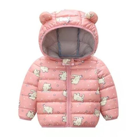 Áo khoác phao hoạ tiết mũ gấu Hồng size 110